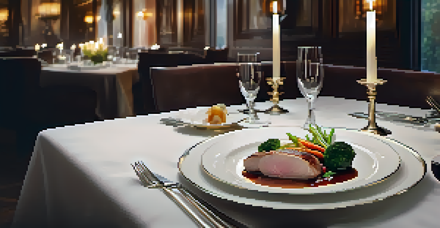 An upscale dining setting with a plated duck breast dish and a candle, showcasing an elegant ambiance.