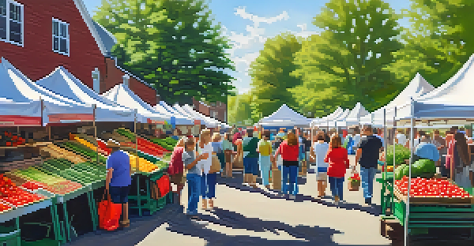 A lively farmers' market with colorful stalls full of fresh fruits and vegetables, including strawberries and tomatoes, with families enjoying the day under the sun.