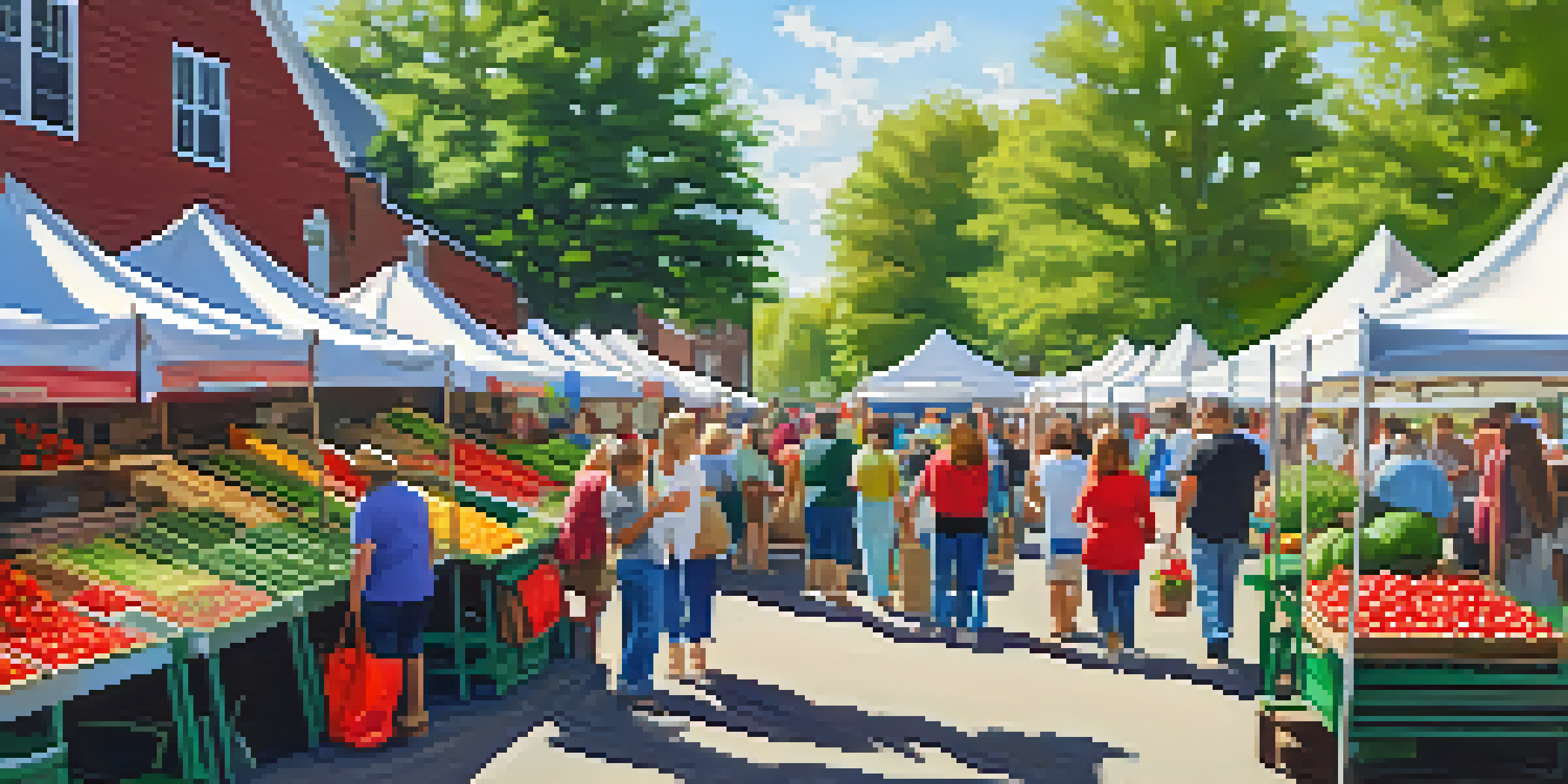 A lively farmers' market with colorful stalls full of fresh fruits and vegetables, including strawberries and tomatoes, with families enjoying the day under the sun.
