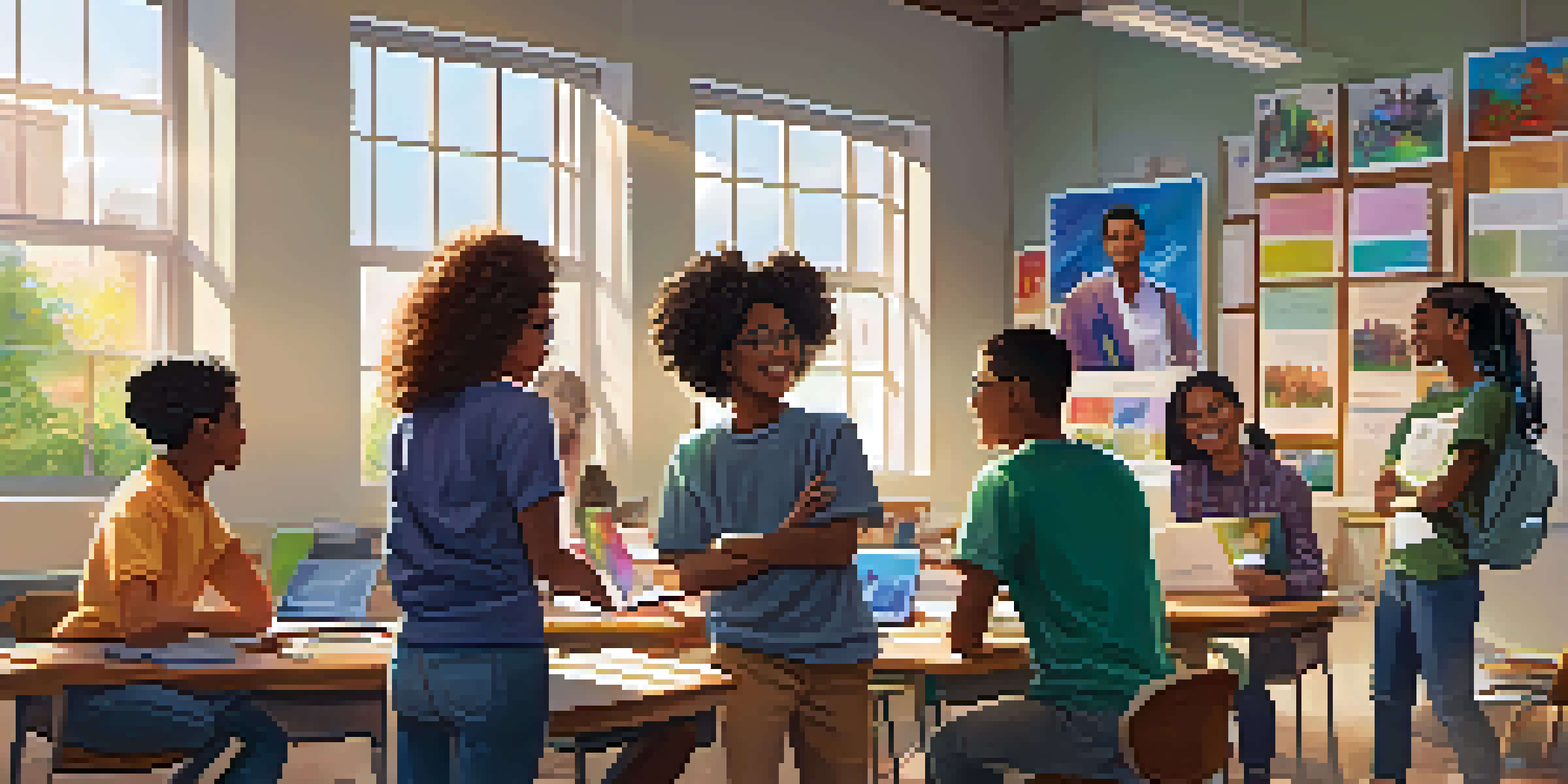 A diverse group of students working together on a project in a bright classroom filled with educational materials.