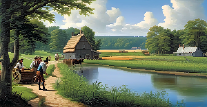 A historical depiction of Dutch settlers in Colonial New Jersey, featuring crops and a trading post.