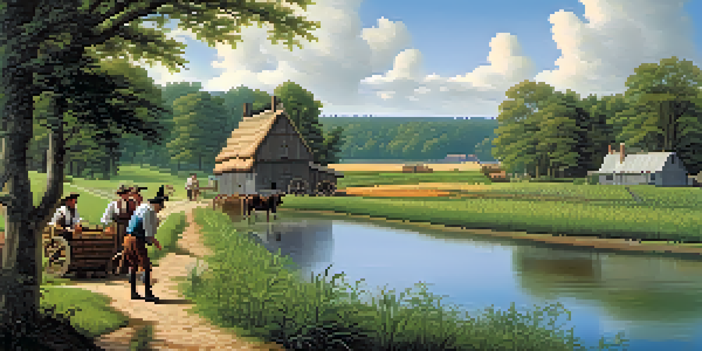 A historical depiction of Dutch settlers in Colonial New Jersey, featuring crops and a trading post.