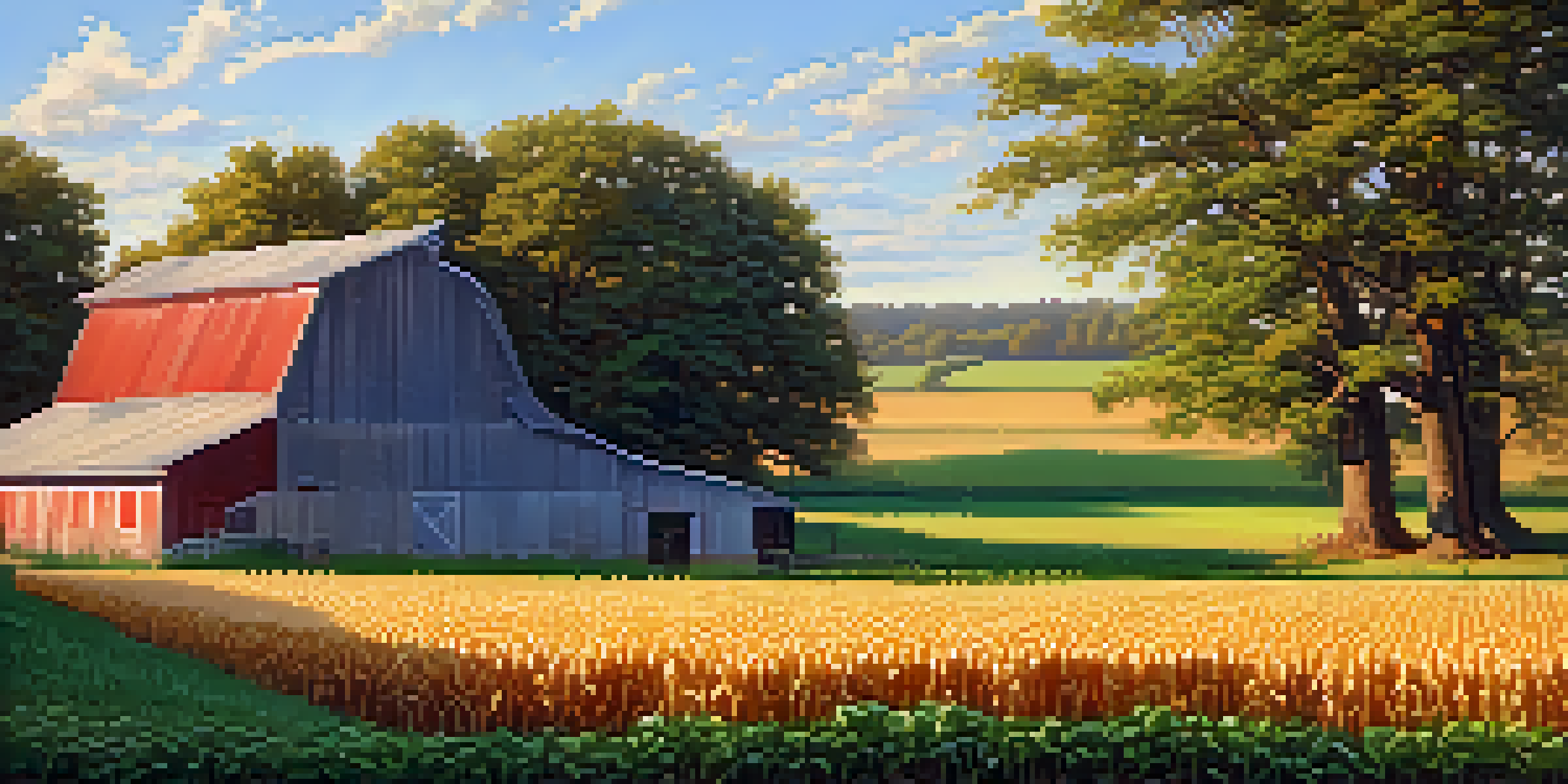 A scenic view of a New Jersey farm with corn and wheat fields, a farmhouse, and fruit trees in the early morning light.