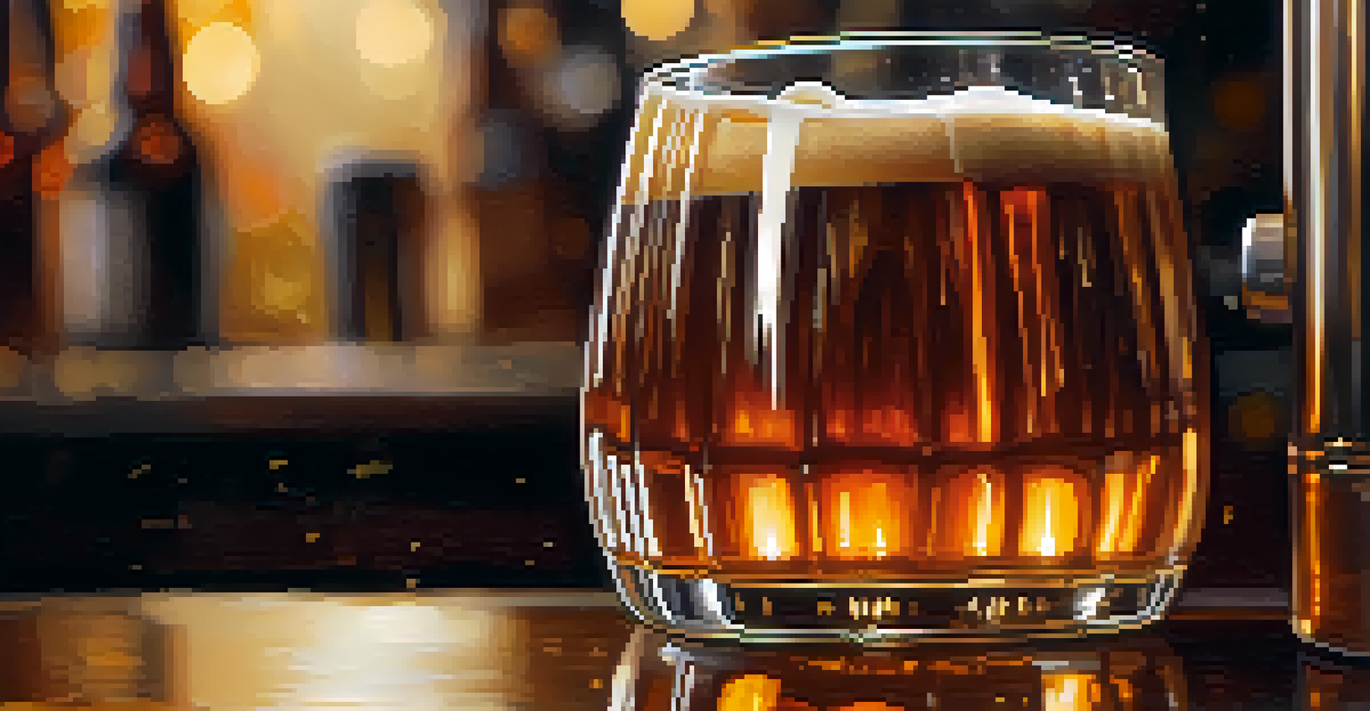 A close-up of craft beer being poured into a glass, highlighting the frothy head and amber color against a blurred brewery backdrop.