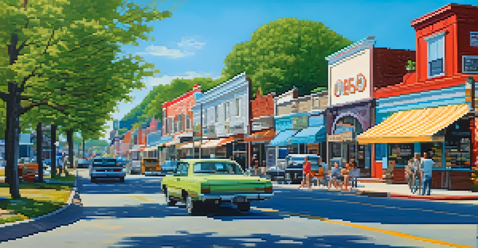 A lively local highway, Route 130, with shops, pedestrians, and a bright blue sky.