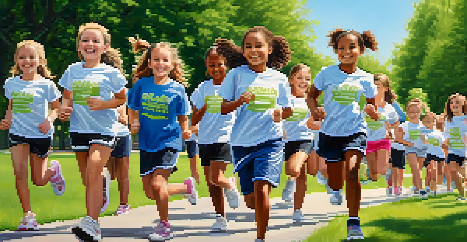 Young girls participating in a 'Girls on the Run' event in a park, with supportive parents cheering in the background.