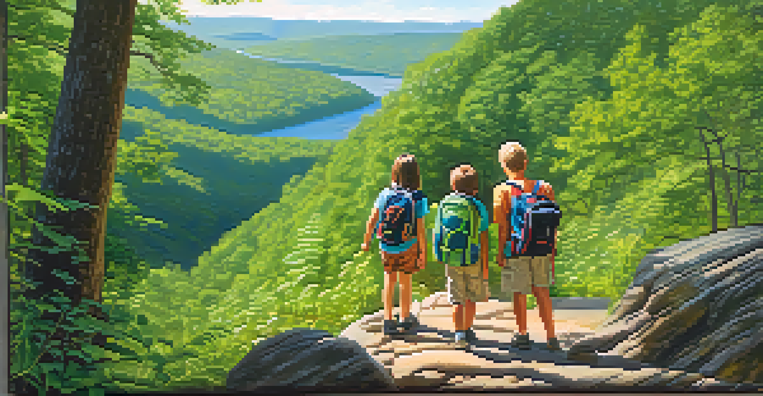 A family hiking in the Delaware Water Gap, with children exploring nature and a beautiful mountain backdrop.