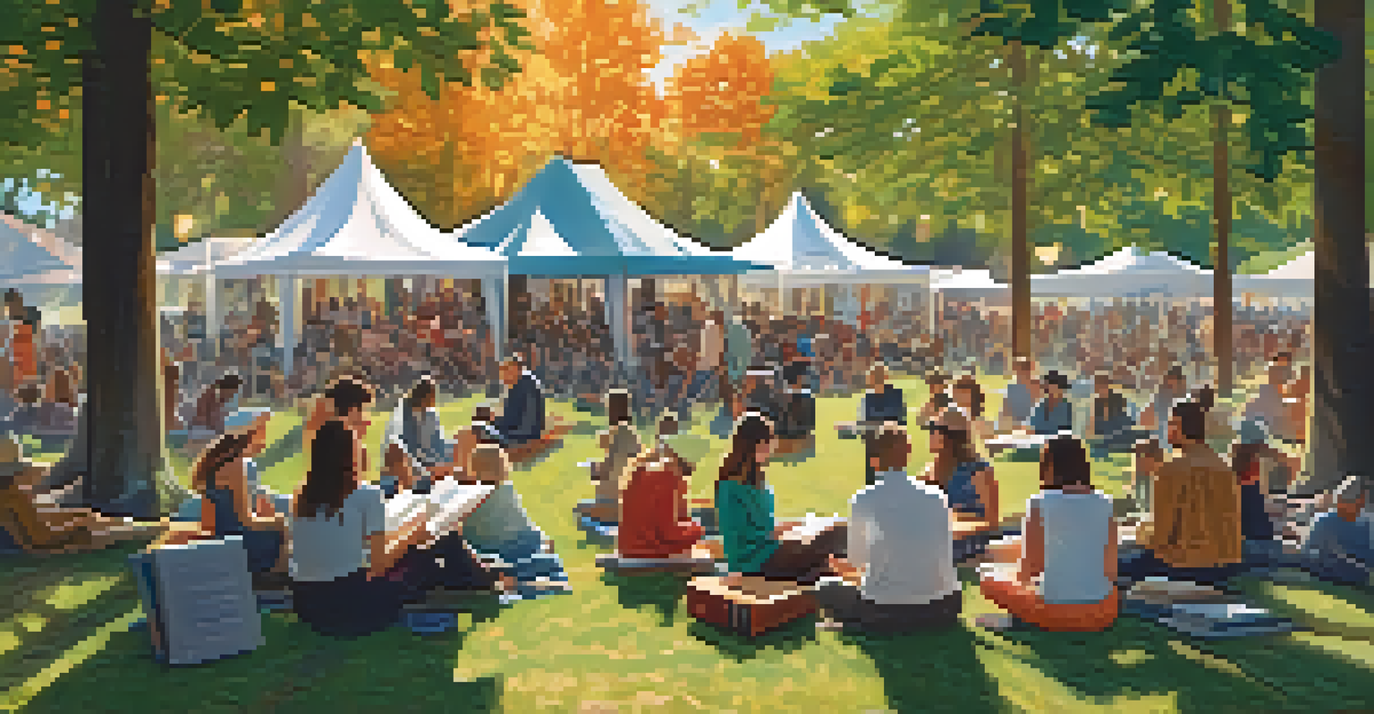A cozy literary festival in a park with authors reading and an audience enjoying.