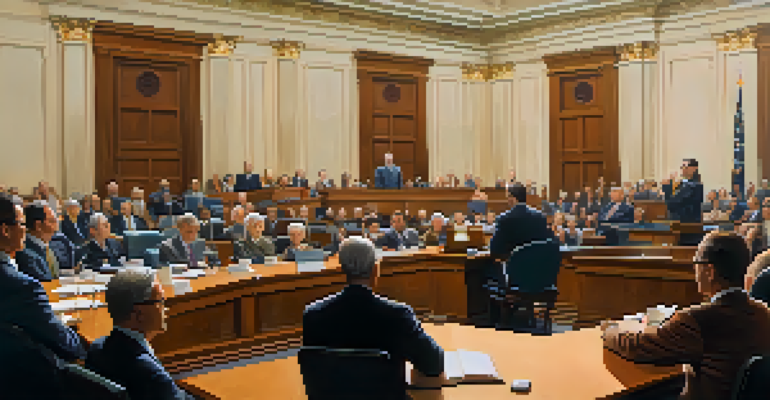 A public hearing scene with lawmakers at a table listening to a citizen, surrounded by warm lighting and an audience.