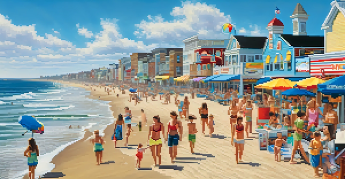 A sunny day at the Jersey Shore with people on the beach and a vibrant boardwalk.