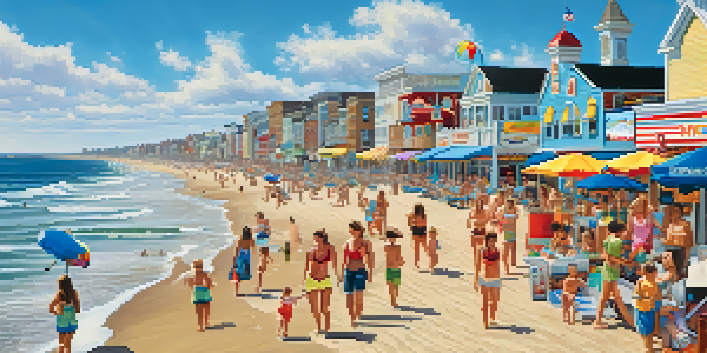 A sunny day at the Jersey Shore with people on the beach and a vibrant boardwalk.