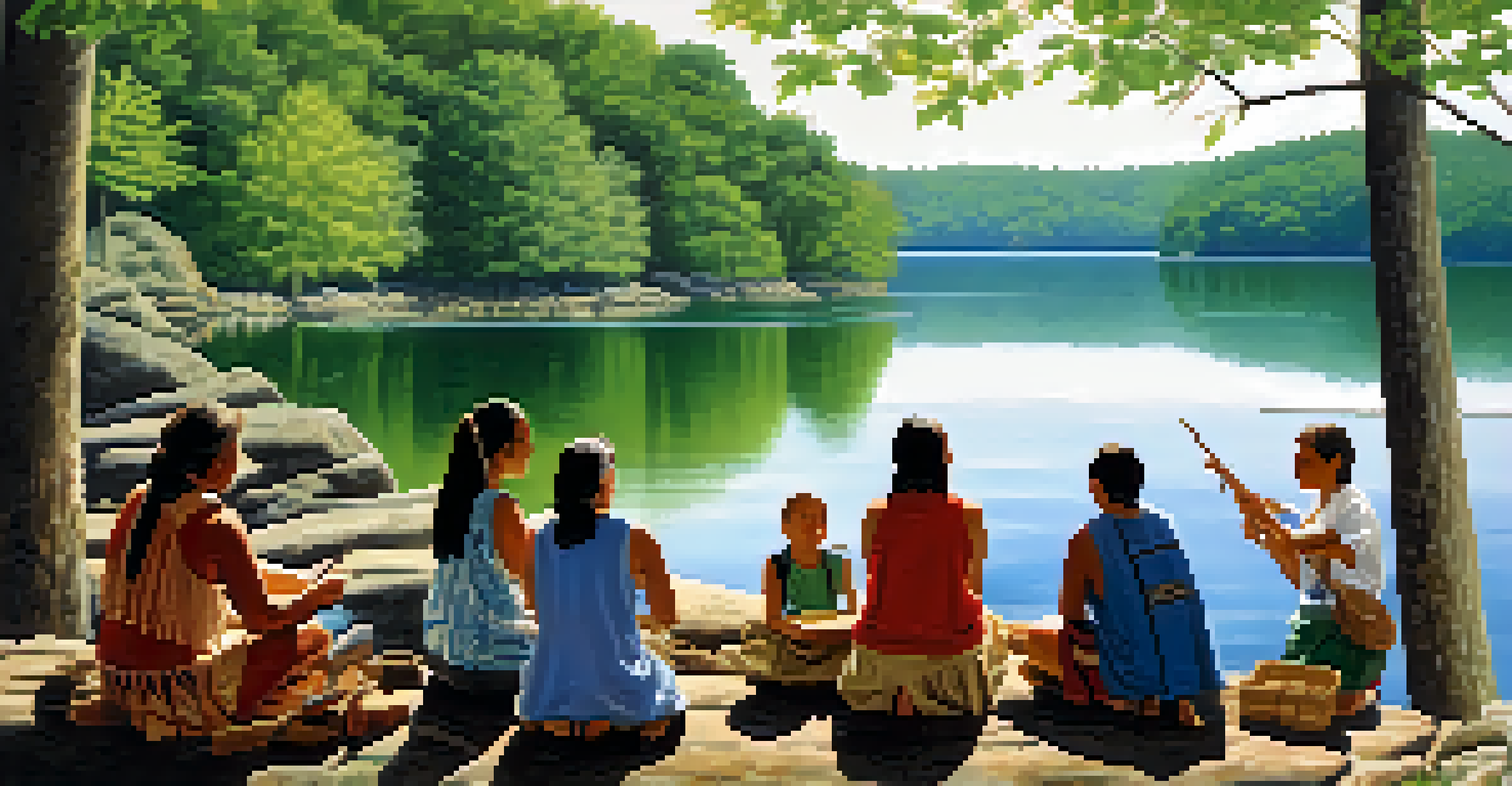 A Native American interpreter demonstrating traditional crafts at Hopatcong State Park with Lake Hopatcong in the background.