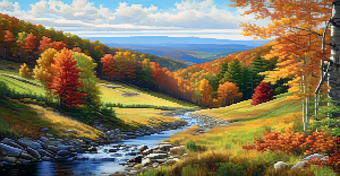 A scenic view of the Appalachian Mountains in New Jersey during autumn, with a winding trail, vibrant foliage, and a clear blue sky.