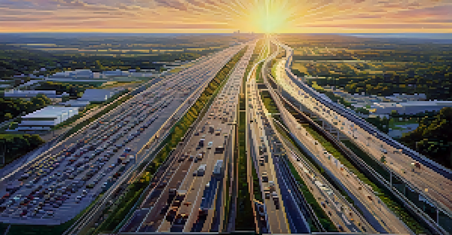 An aerial shot of the New Jersey Turnpike with busy traffic and a sunset backdrop.