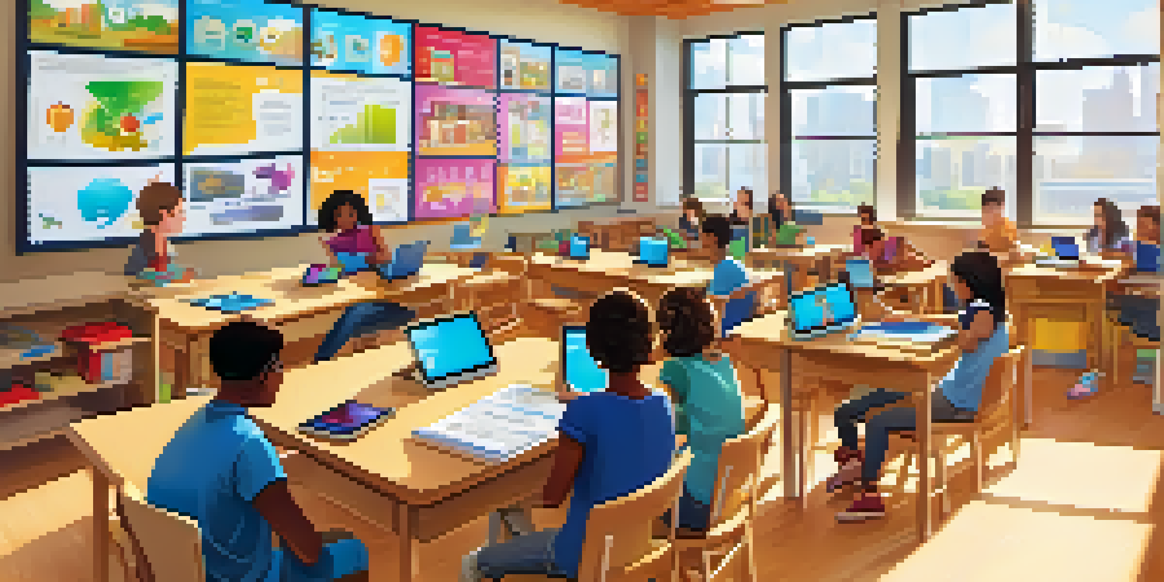 A vibrant classroom where students of different backgrounds are using tablets and interactive whiteboards for learning, with natural light and educational posters around.