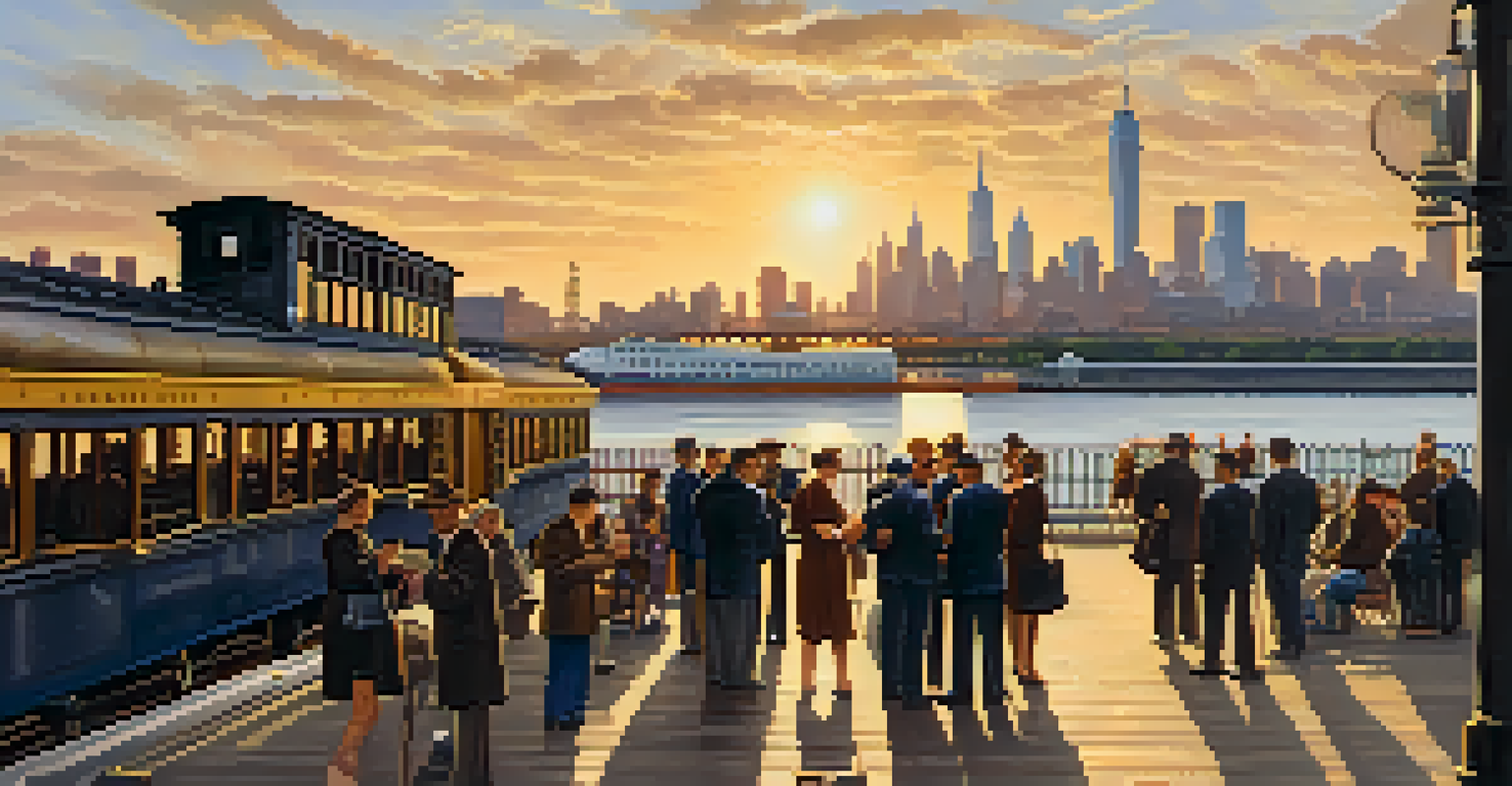 Liberty State Park with the Central Railroad Terminal and the Manhattan skyline at sunset.