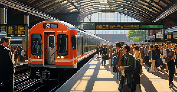 A busy New Jersey train station with commuters and a train arriving, illuminated by morning sunlight.