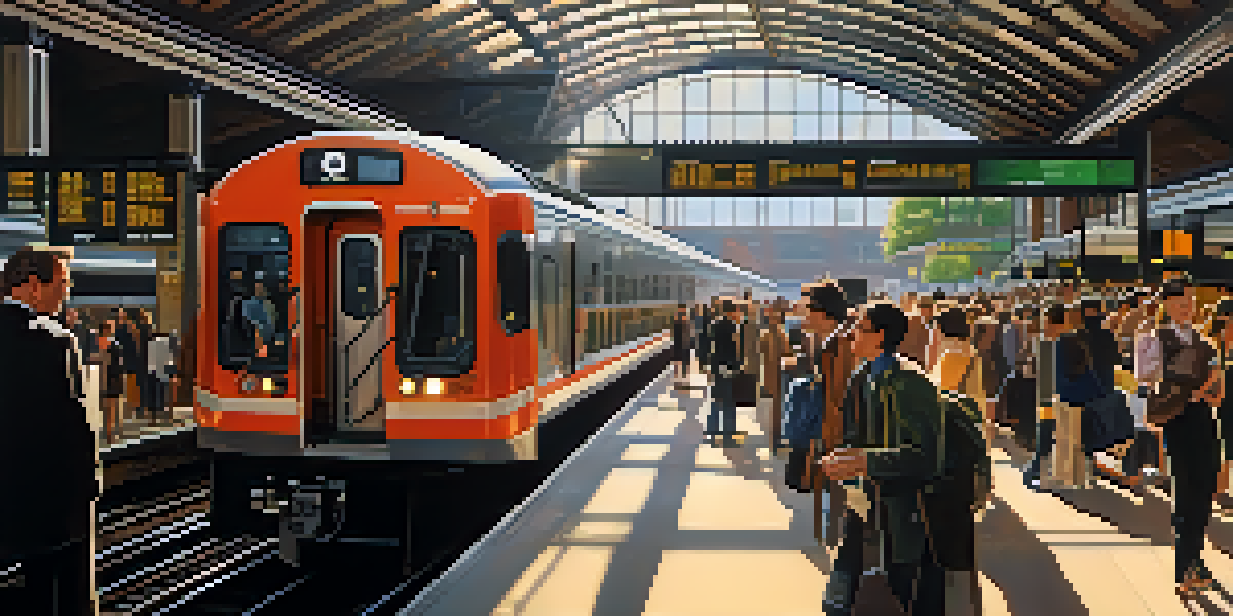 A busy New Jersey train station with commuters and a train arriving, illuminated by morning sunlight.
