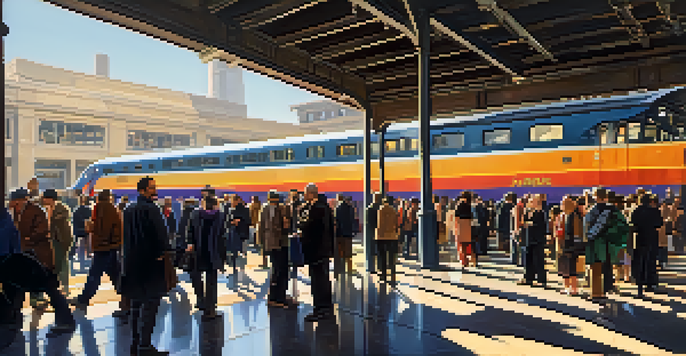 A busy New Jersey train station with diverse commuters waiting for trains under a glass roof, illuminated by morning light.