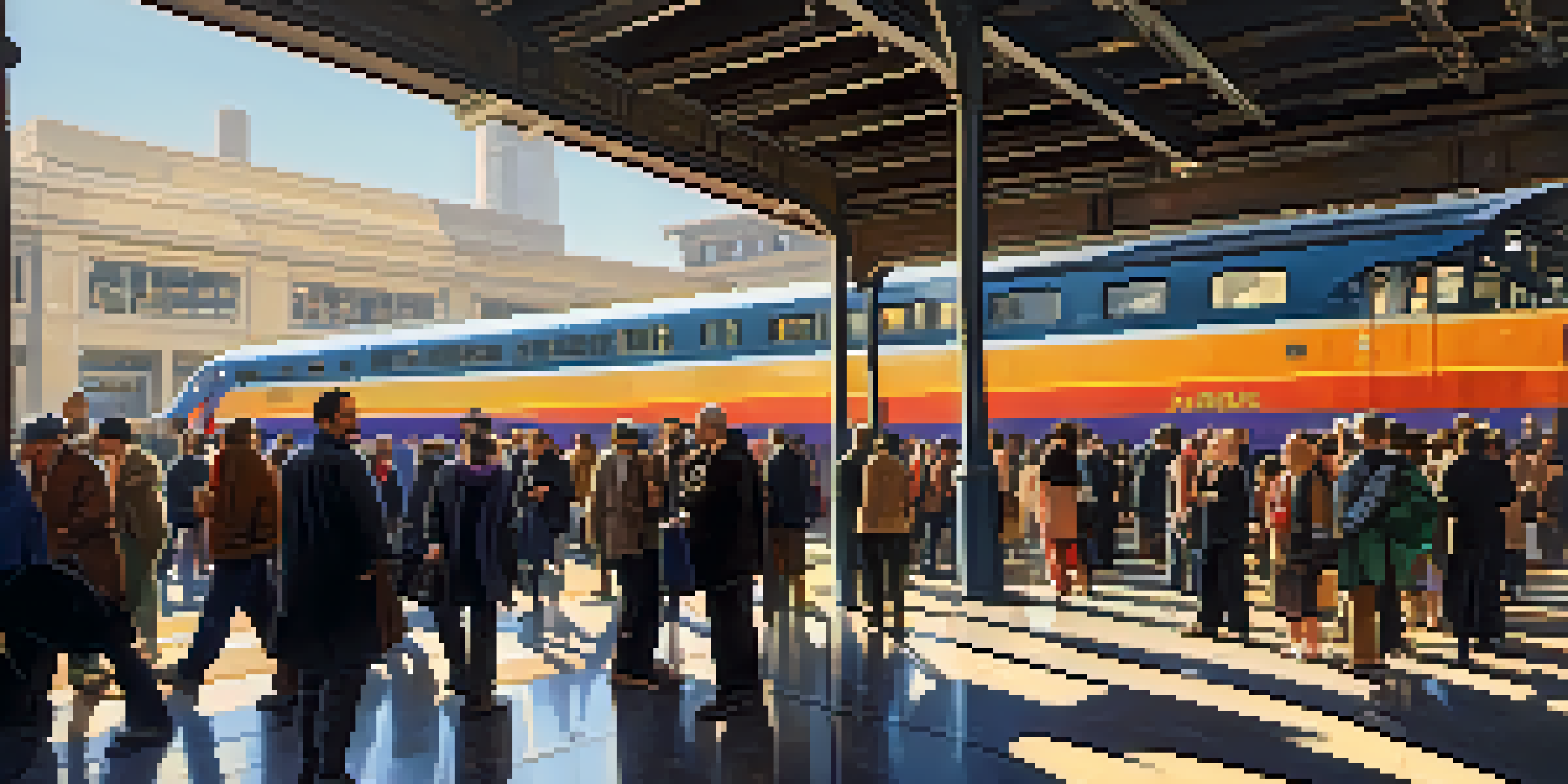 A busy New Jersey train station with diverse commuters waiting for trains under a glass roof, illuminated by morning light.