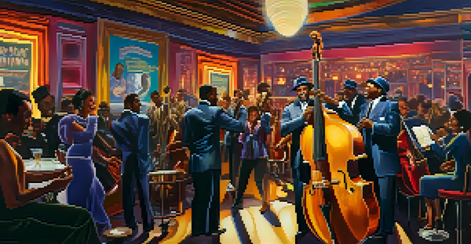 A lively jazz club with musicians performing on stage, colorful lights, and an engaged audience, reflecting the early 20th century Newark music scene.