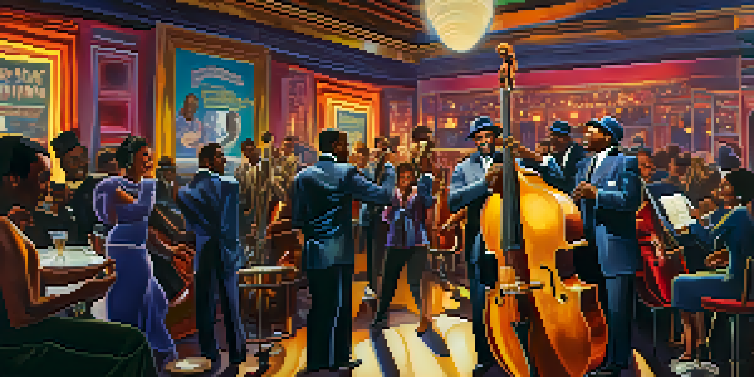 A lively jazz club with musicians performing on stage, colorful lights, and an engaged audience, reflecting the early 20th century Newark music scene.