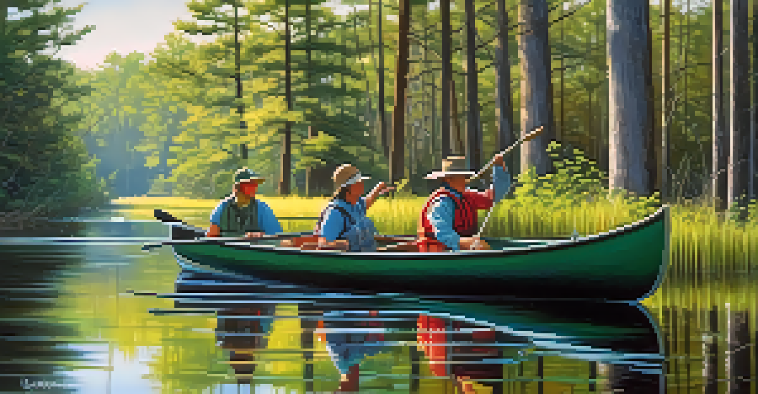 Canoeists paddling on the Mullica River, surrounded by dense forests and sunlight filtering through the trees.
