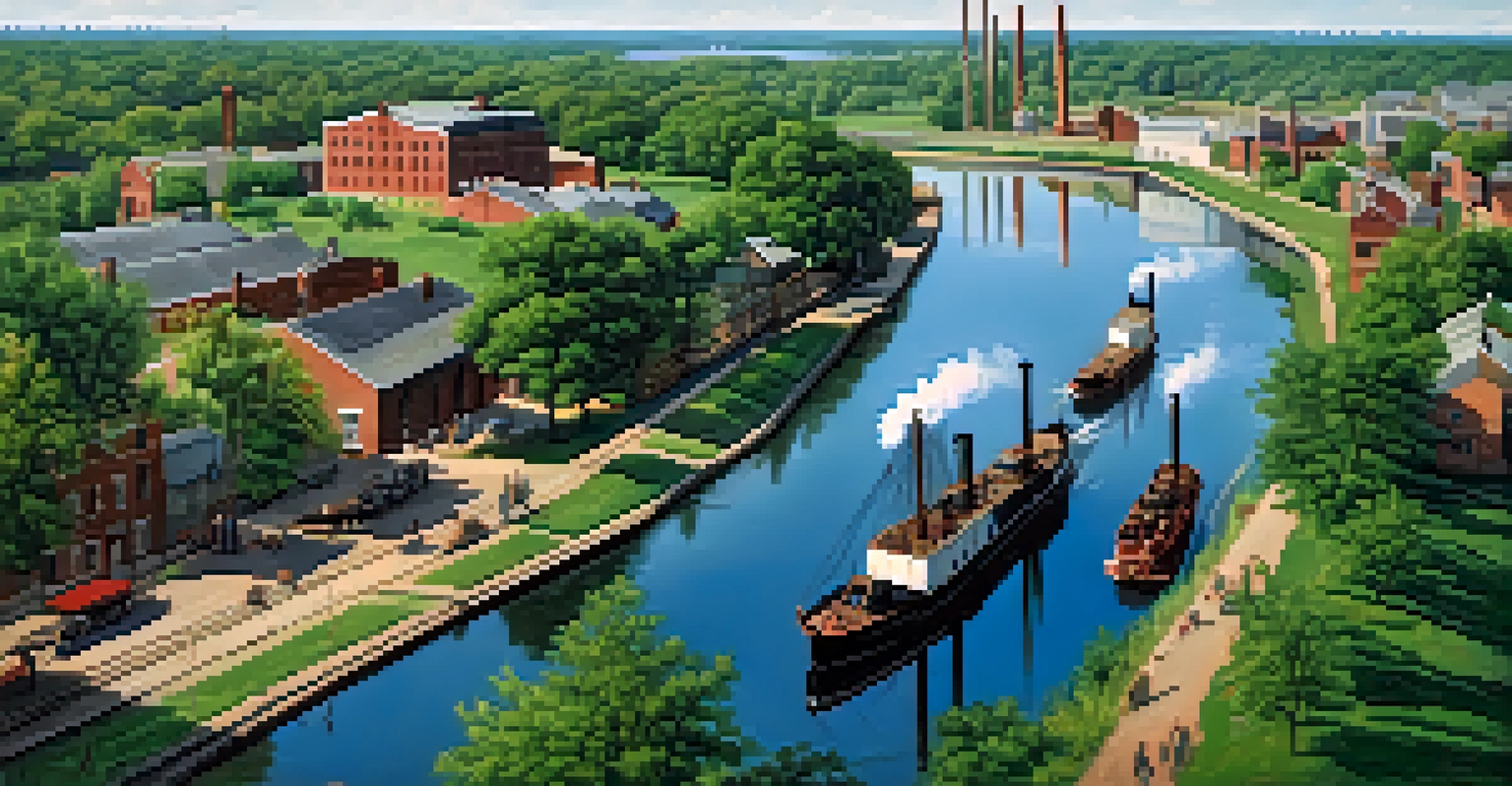 An aerial view of the Delaware and Raritan Canal with boats and factories in the background during the 19th century.