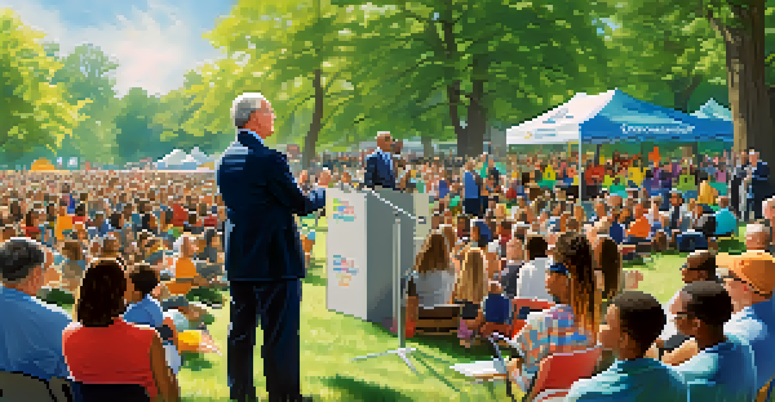 The Governor of New Jersey addressing a diverse crowd at a community event in a park.