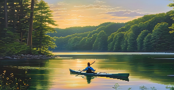 A peaceful lake scene in a New Jersey state park with a kayaker, surrounded by trees and wildflowers at sunset.