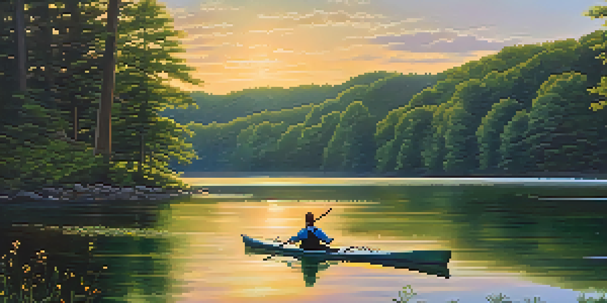 A peaceful lake scene in a New Jersey state park with a kayaker, surrounded by trees and wildflowers at sunset.