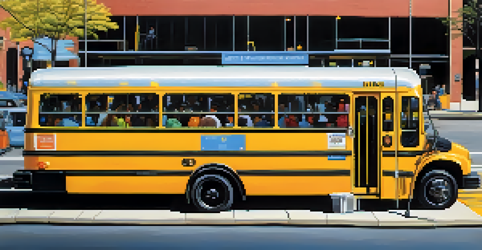 Close-up of a colorful public transportation bus at a busy bus stop in New Jersey with commuters.