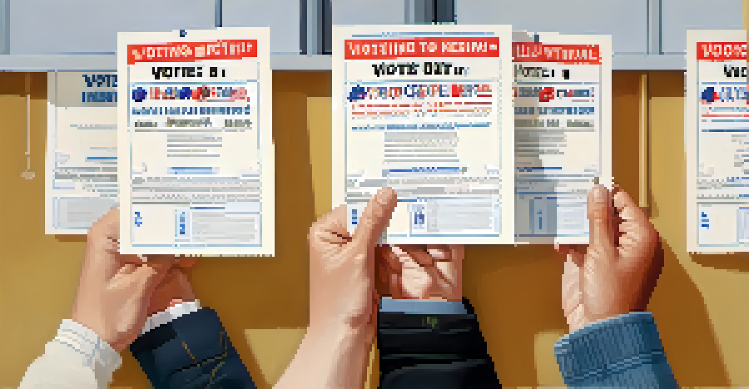 Close-up of hands holding a ballot in front of a voting booth in a polling station.