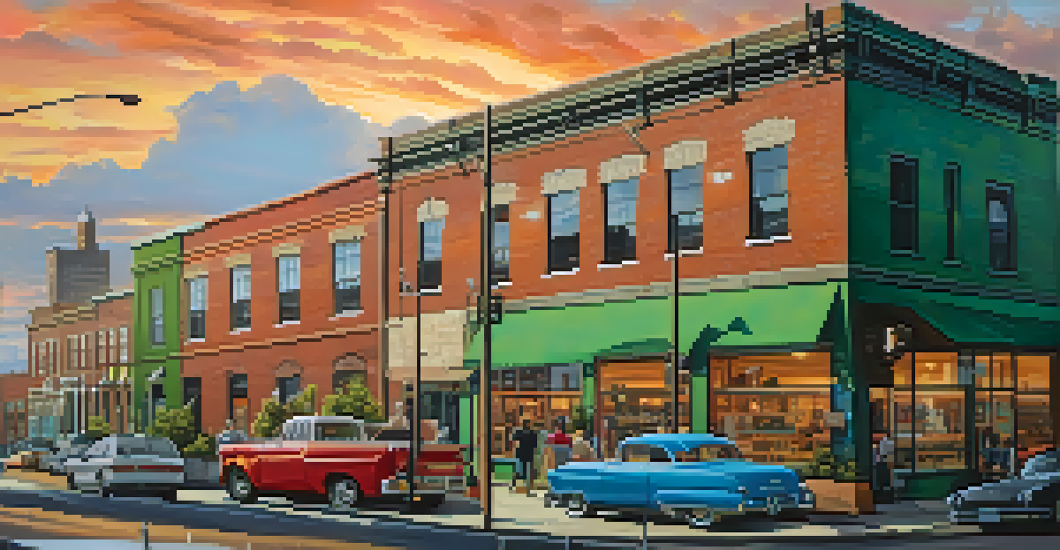 A contemporary urban landscape in New Jersey with repurposed factories, murals, and a mix of historic and modern buildings at sunset.