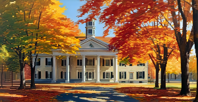 A historic building surrounded by colorful autumn leaves under a clear blue sky, with sunlight filtering through the trees.