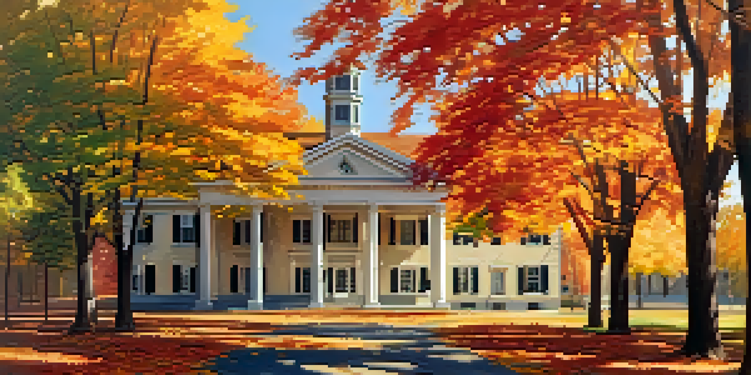 A historic building surrounded by colorful autumn leaves under a clear blue sky, with sunlight filtering through the trees.