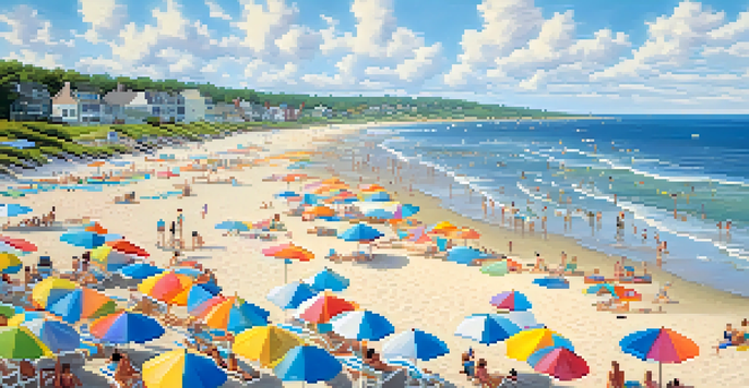 A peaceful beach scene in New Jersey with people enjoying summer activities, colorful umbrellas, and clear blue skies.