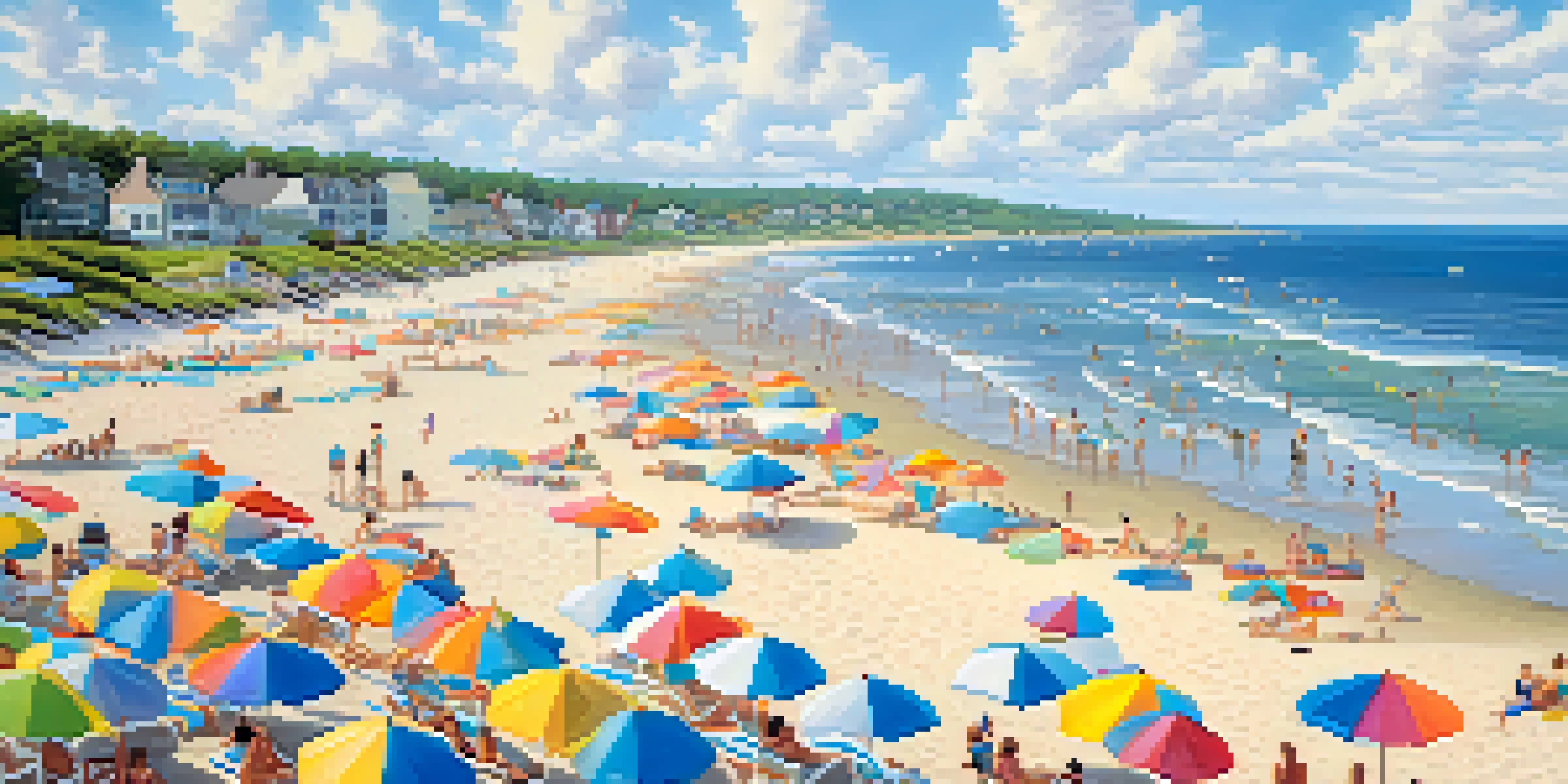 A peaceful beach scene in New Jersey with people enjoying summer activities, colorful umbrellas, and clear blue skies.