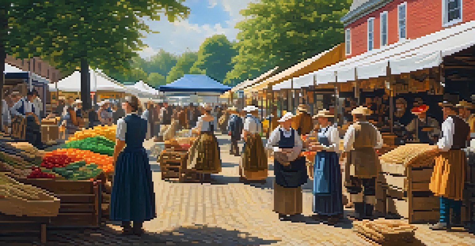 A lively market in Colonial New Jersey with diverse settlers trading goods.