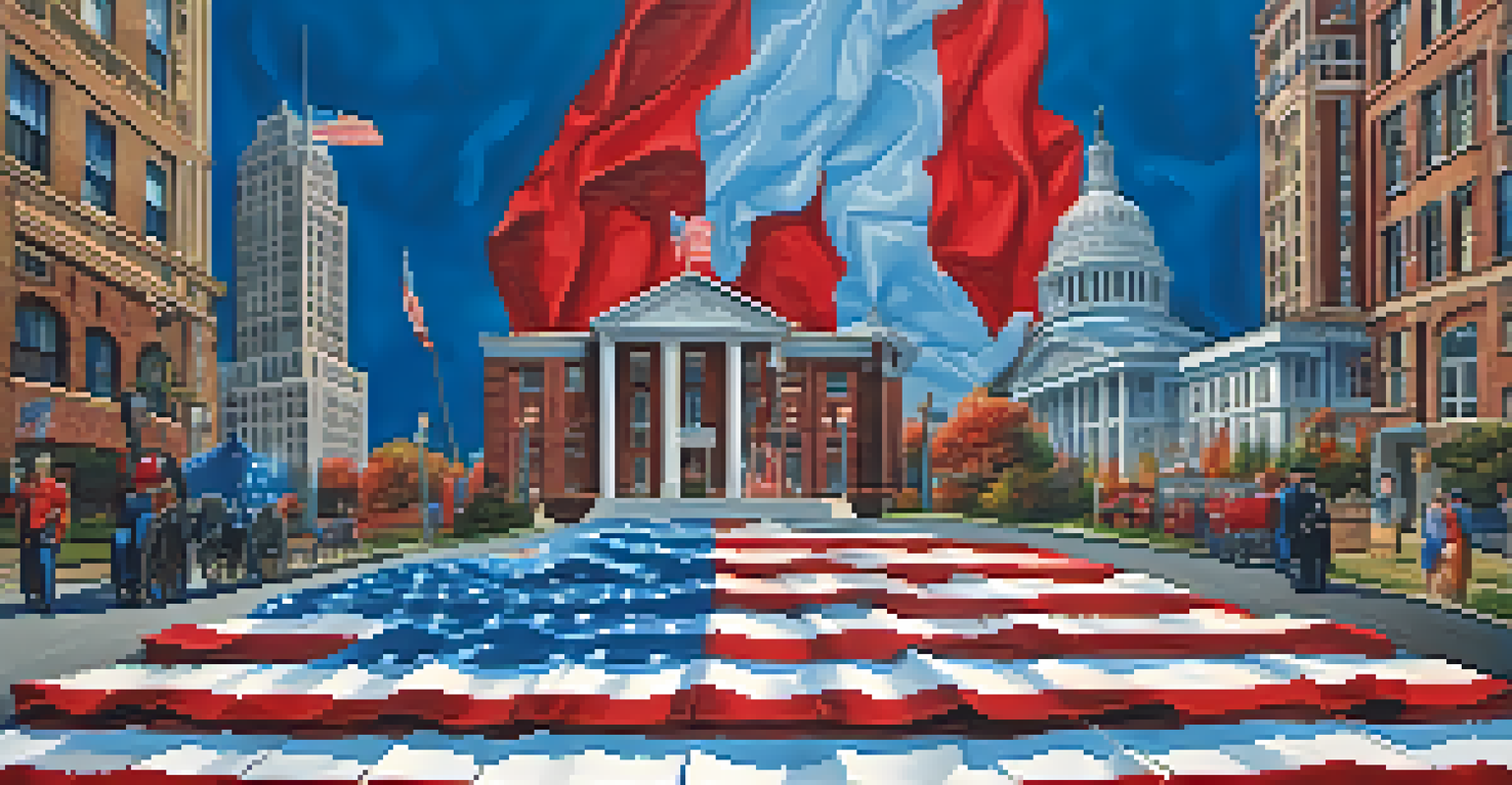 An artistic representation of New Jersey's political landscape with symbols of political parties and community elements.