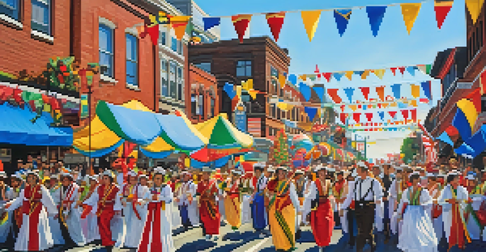 A lively parade scene with colorful floats and participants in traditional costumes celebrating a cultural festival in New Jersey.