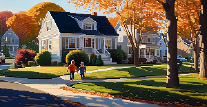 A scenic view of a suburban neighborhood in New Jersey with autumn leaves, houses, and children playing in the warm sunset light.