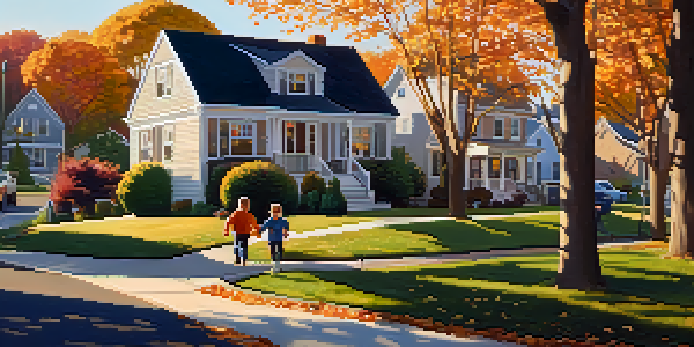 A scenic view of a suburban neighborhood in New Jersey with autumn leaves, houses, and children playing in the warm sunset light.