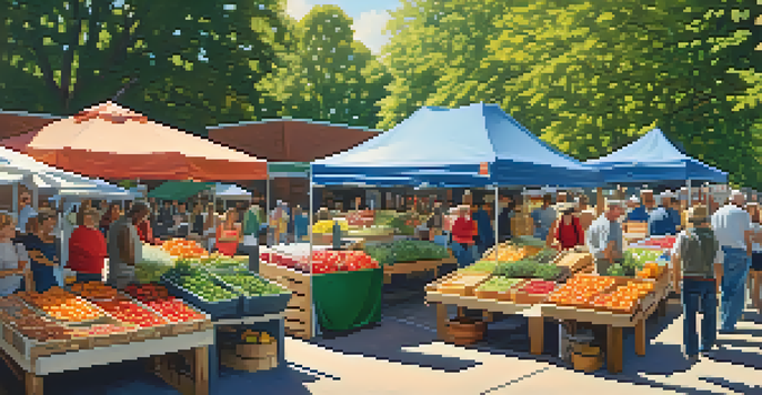 A bustling New Jersey farmers' market with colorful fresh produce and people enjoying the atmosphere.