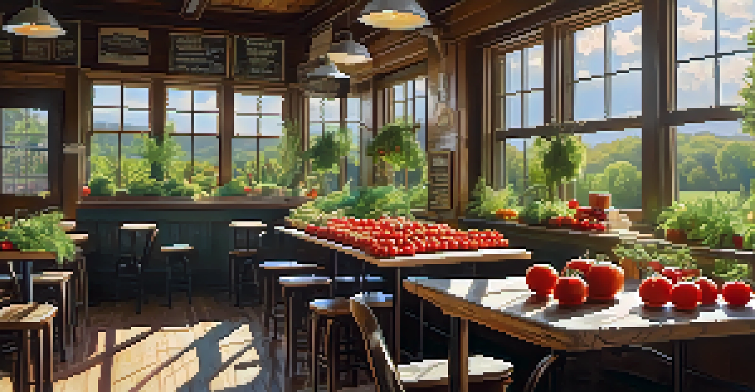 A rustic wooden table in a farm-to-table restaurant filled with fresh local ingredients and illuminated by sunlight.
