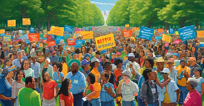 A diverse crowd at a political rally in New Jersey, holding colorful signs, engaged in discussions in a park.