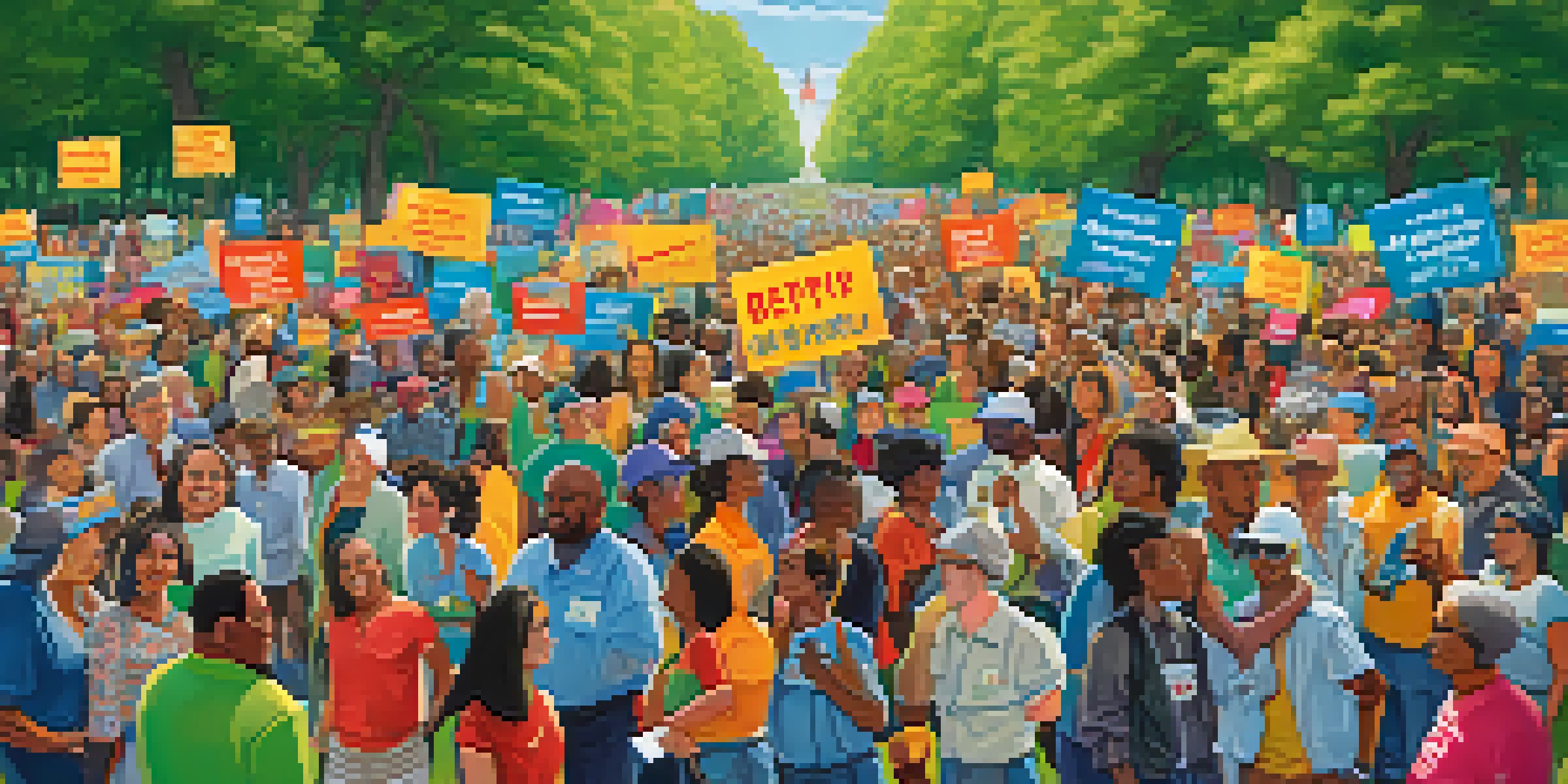 A diverse crowd at a political rally in New Jersey, holding colorful signs, engaged in discussions in a park.