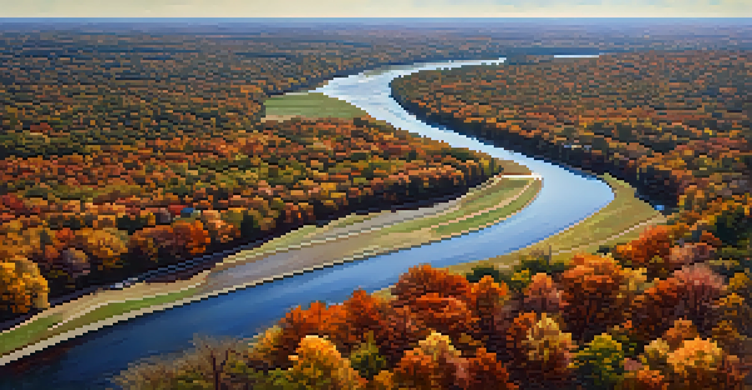 Aerial view of the Raritan River surrounded by autumn foliage, with hiking trails and parks visible along the banks.