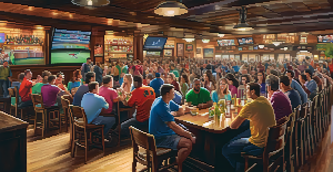 A bustling sports bar filled with fans in jerseys, lively atmosphere with a large screen showing a game.
