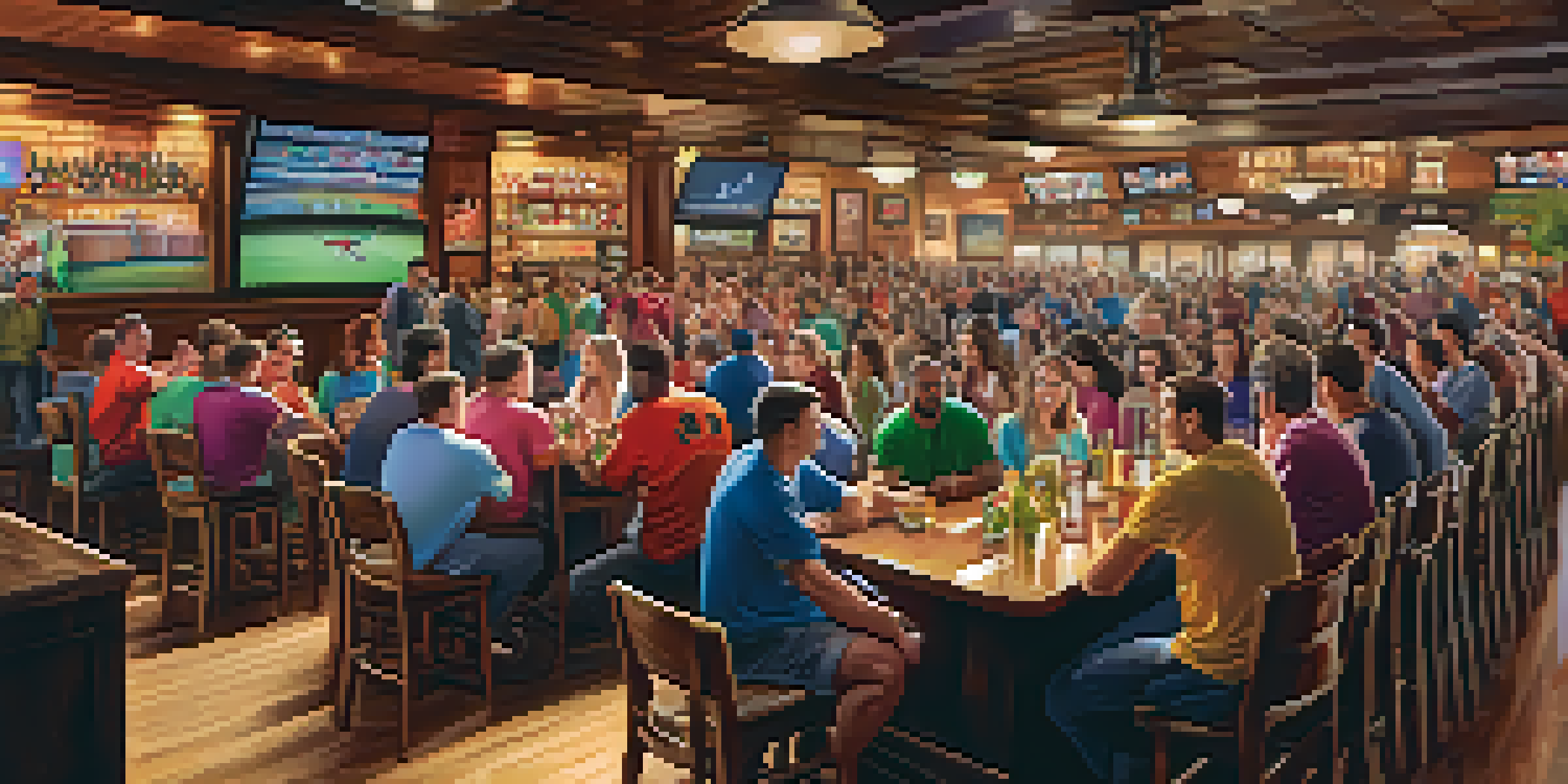 A bustling sports bar filled with fans in jerseys, lively atmosphere with a large screen showing a game.